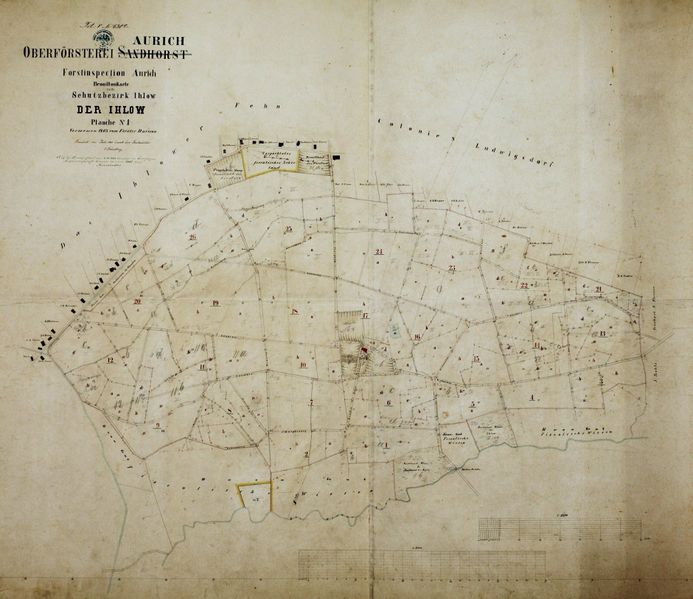 Datei:Bestellsignatur NLA AU Rep.244 C Nr. 269, Der Ihlower Forst entlang des Krummen Tiefs mit Forsthaus und Mühlenbrücke (IHLOW) aus dem Jahr 1887,Format 126,0x100,0.jpg