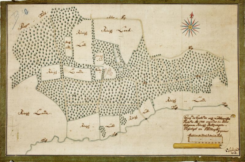 Datei:Bestellsignatur NLA Aurich Rep.244 a1086, Lage des Forstes Ihlow mit Einzeichnung der Wege und königlichen Ländereien, Kolorierte Zeichnung von Fuchs 1744, kopiert von F. W.. Magot, Papier auf Leinen, Format 50,0 x 32,8 cm aus dem t.jpg