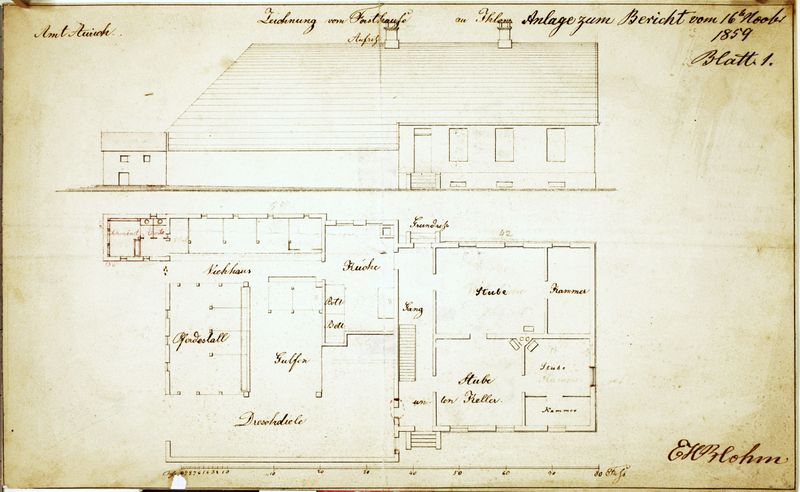 Datei:Bestellsignatur NLA Aurich Rep.244 a 435, Aufriß und Grundriß vom Forsthaus in IHLOW Zeichnung auf Papier Format 30,5x18,7 M 1 zu 210 Laufzeit - 1859.jpg