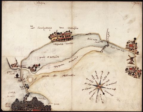 Lage der Moräste zwischen Ihlow und Simonswolde mit Einzeichnung einer Mühle in der Nähe von Riepe um das Jahr 1660