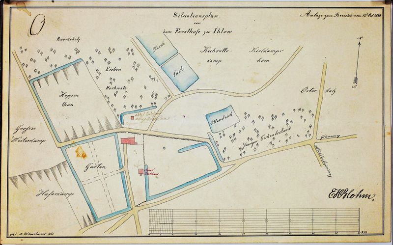 Datei:Bestellsignatur NLA AUR Rep. 244 a Nr.437 Lage der Försterei in IHLOW mit den umliegenden Waldflächen, den Wegen und Tiefen Kolorierte Zeichnung von A. Kleinhanns auf Papier Format 30x18 Laufzeit - 1860.jpg